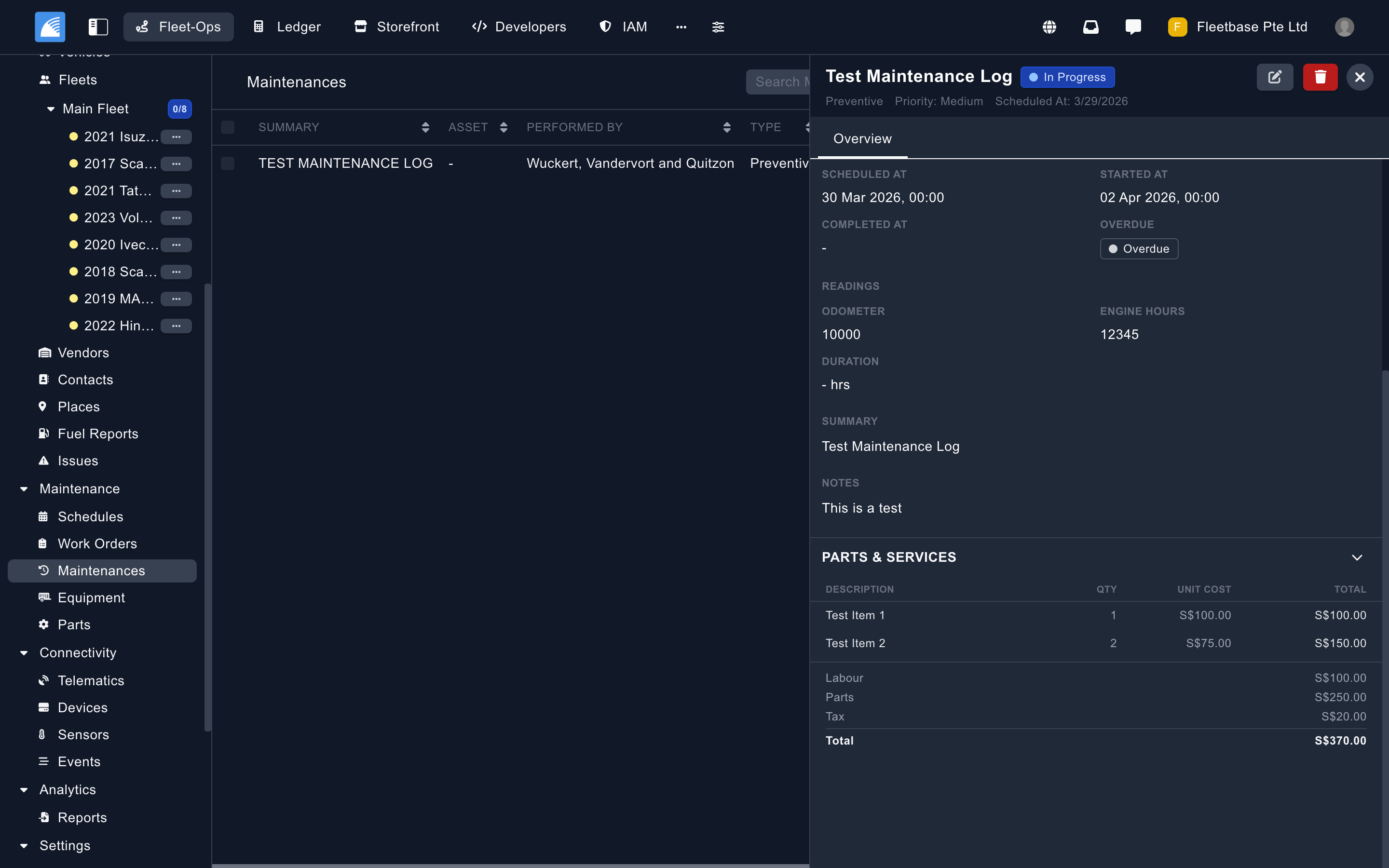 Fleet-Ops maintenance log showing work order history, parts consumption, and service records per vehicle