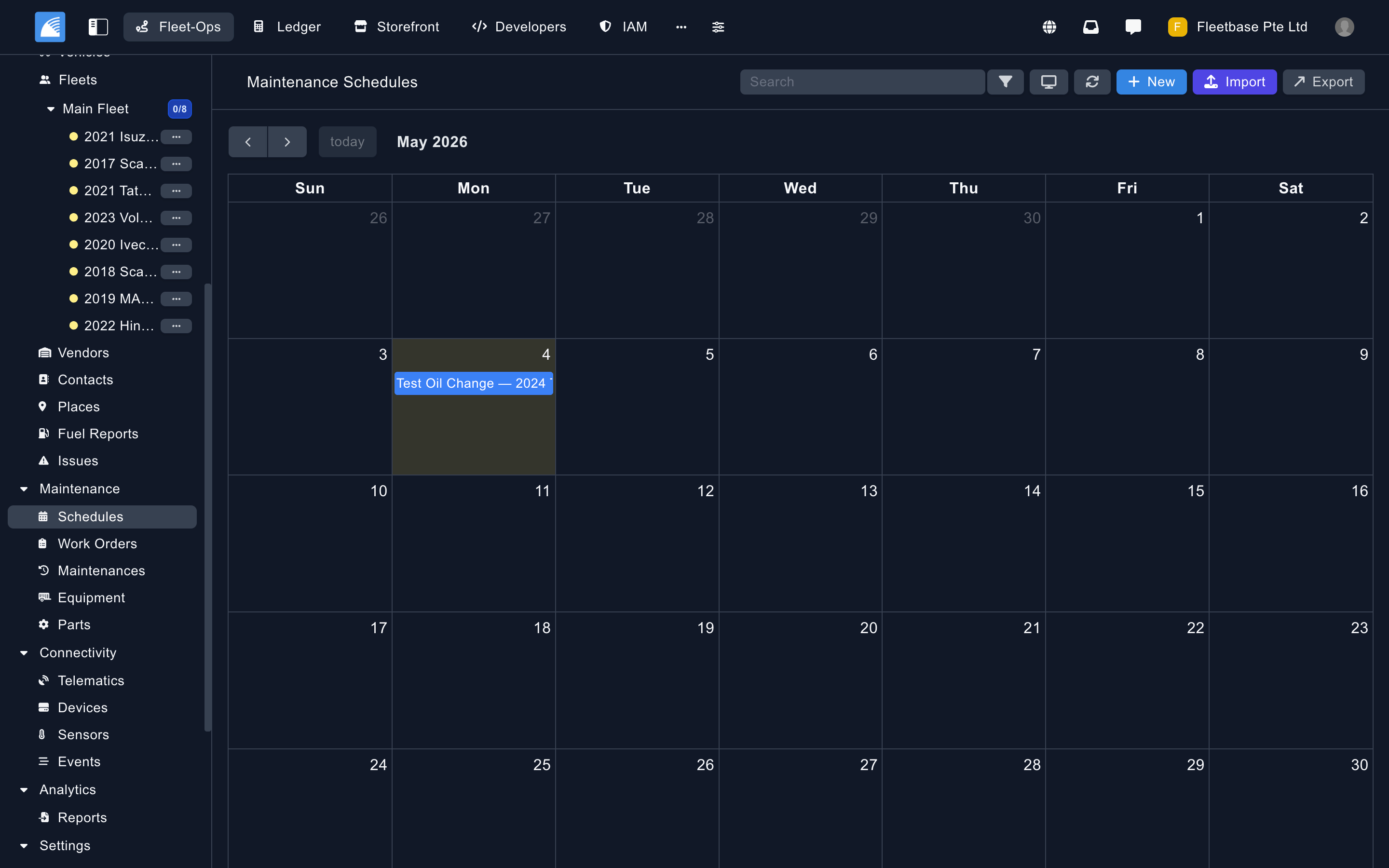 Fleet-Ops preventive maintenance schedules showing service intervals by mileage, engine hours, and calendar date