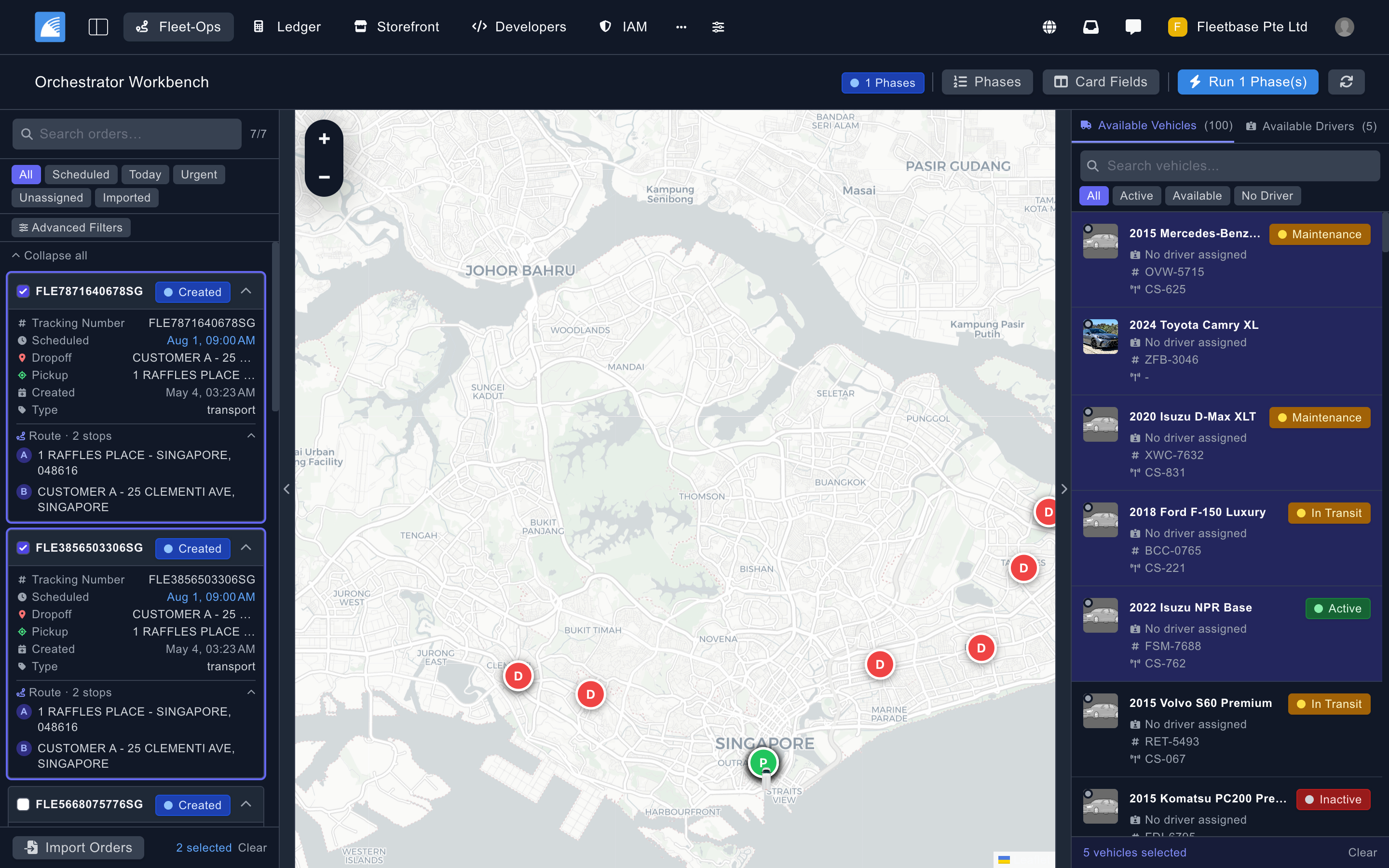 Fleet-Ops Orchestrator Workbench showing stacked optimization phases and a visual plan ready for dispatcher review