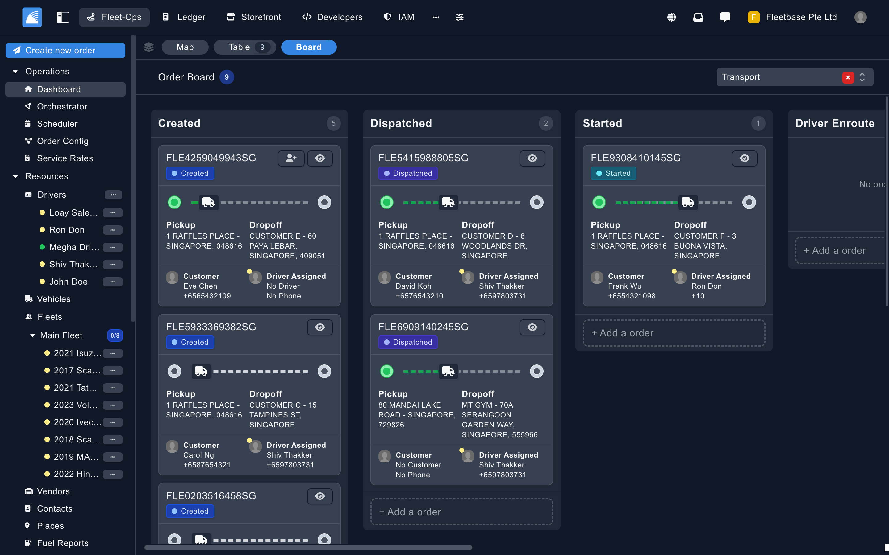 Fleet-Ops order management kanban board with live dispatch and driver assignments