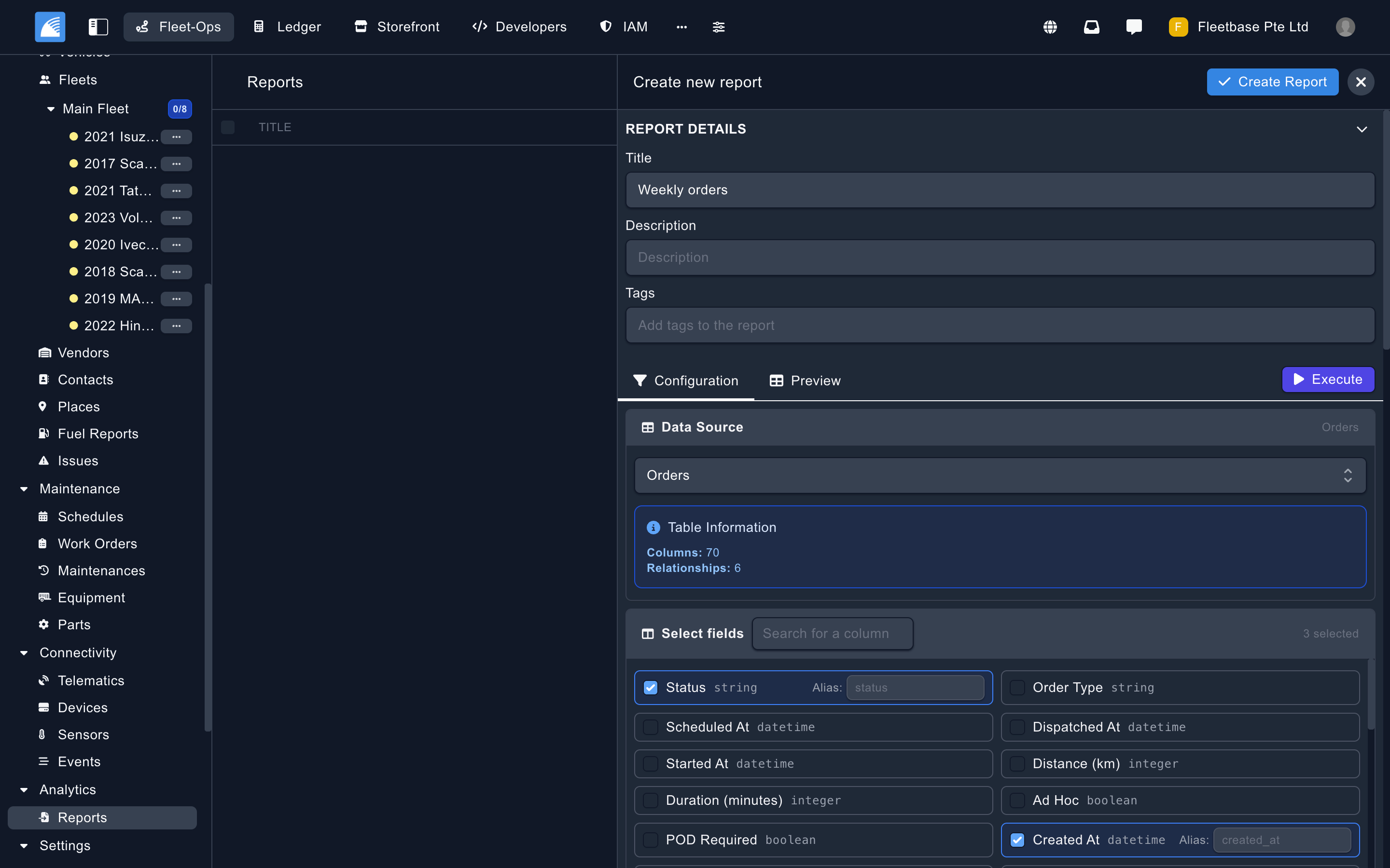 Fleet-Ops report builder showing custom report configuration with charts for delivery performance, costs, and fleet utilization