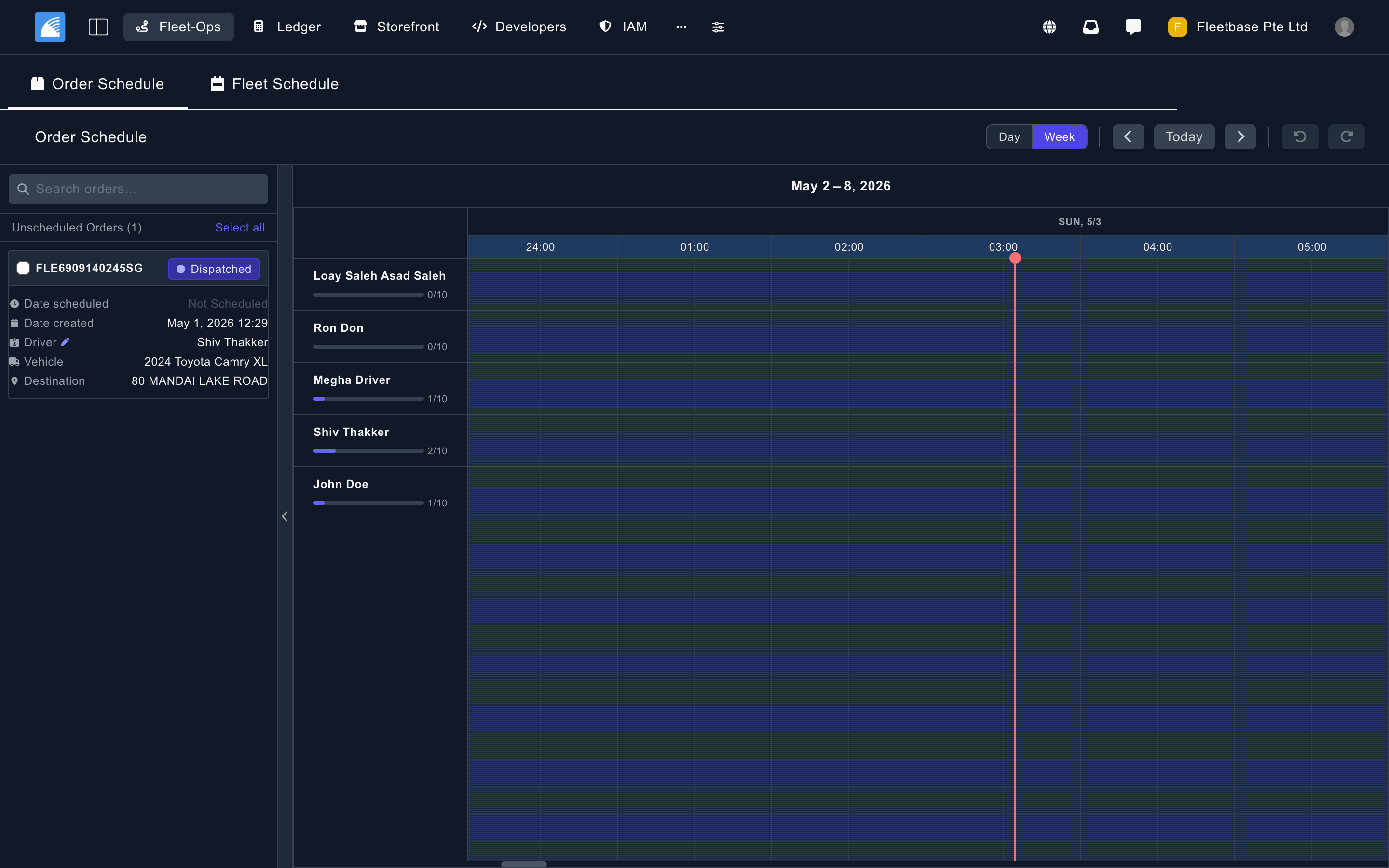 Fleet-Ops scheduler showing calendar view with planned deliveries and unscheduled orders