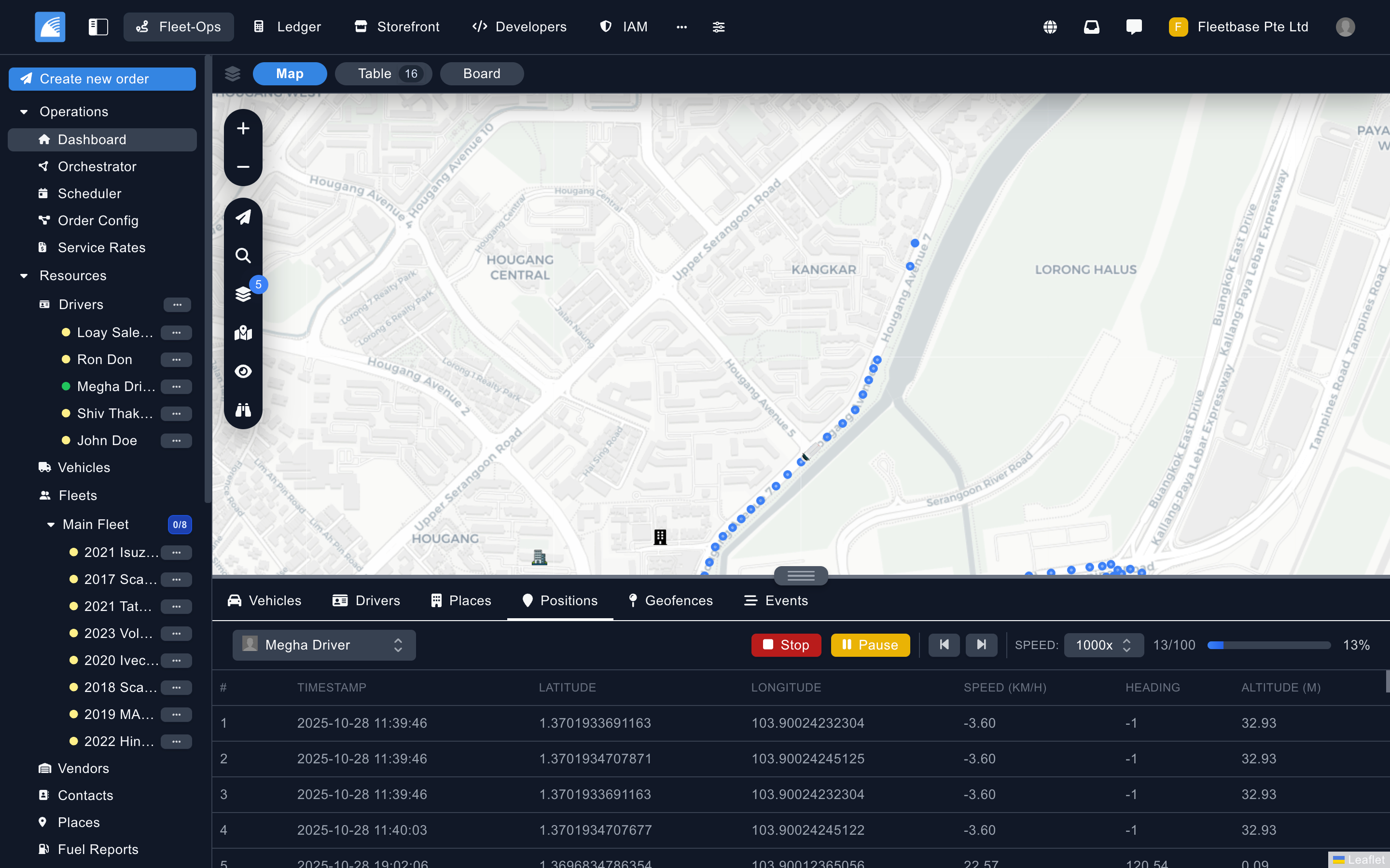 Fleet-Ops vehicle position playback showing connected device data, live GPS positions, and sensor readings streamed from telematics providers