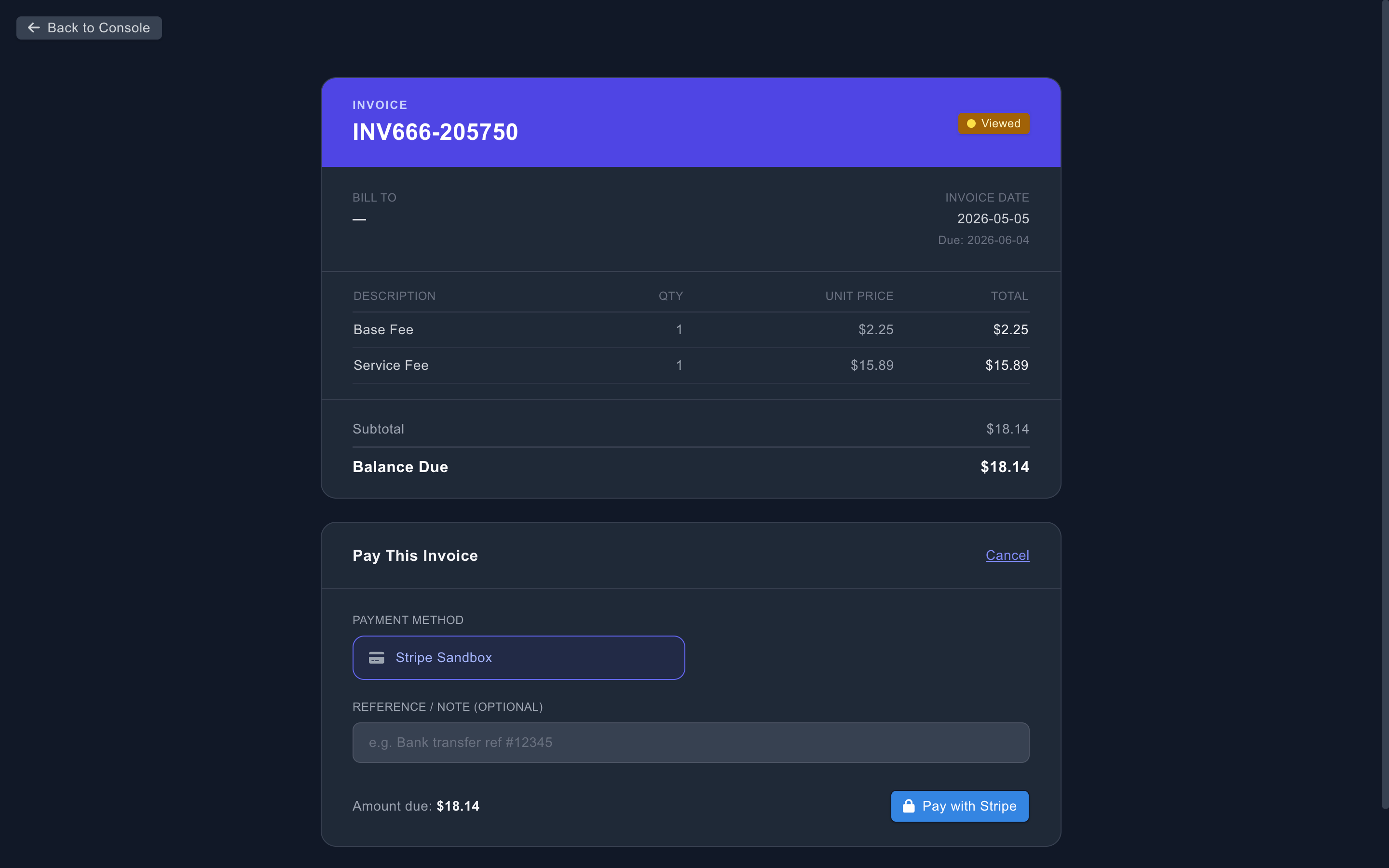 Ledger customer-facing invoice page showing line items, totals, and one-click pay action