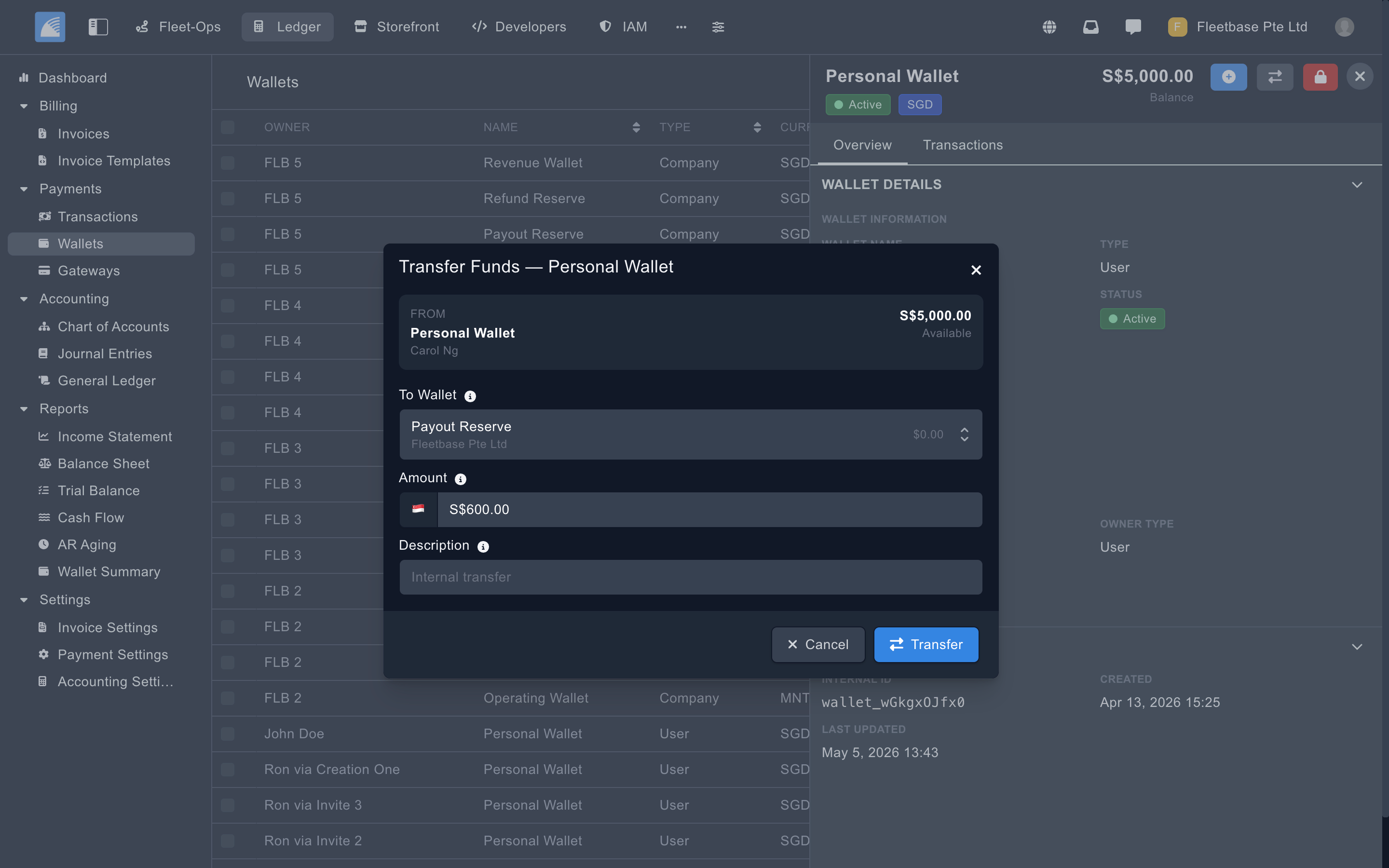 Ledger wallet transfer flow showing funds being moved between accounts with the resulting journal entry