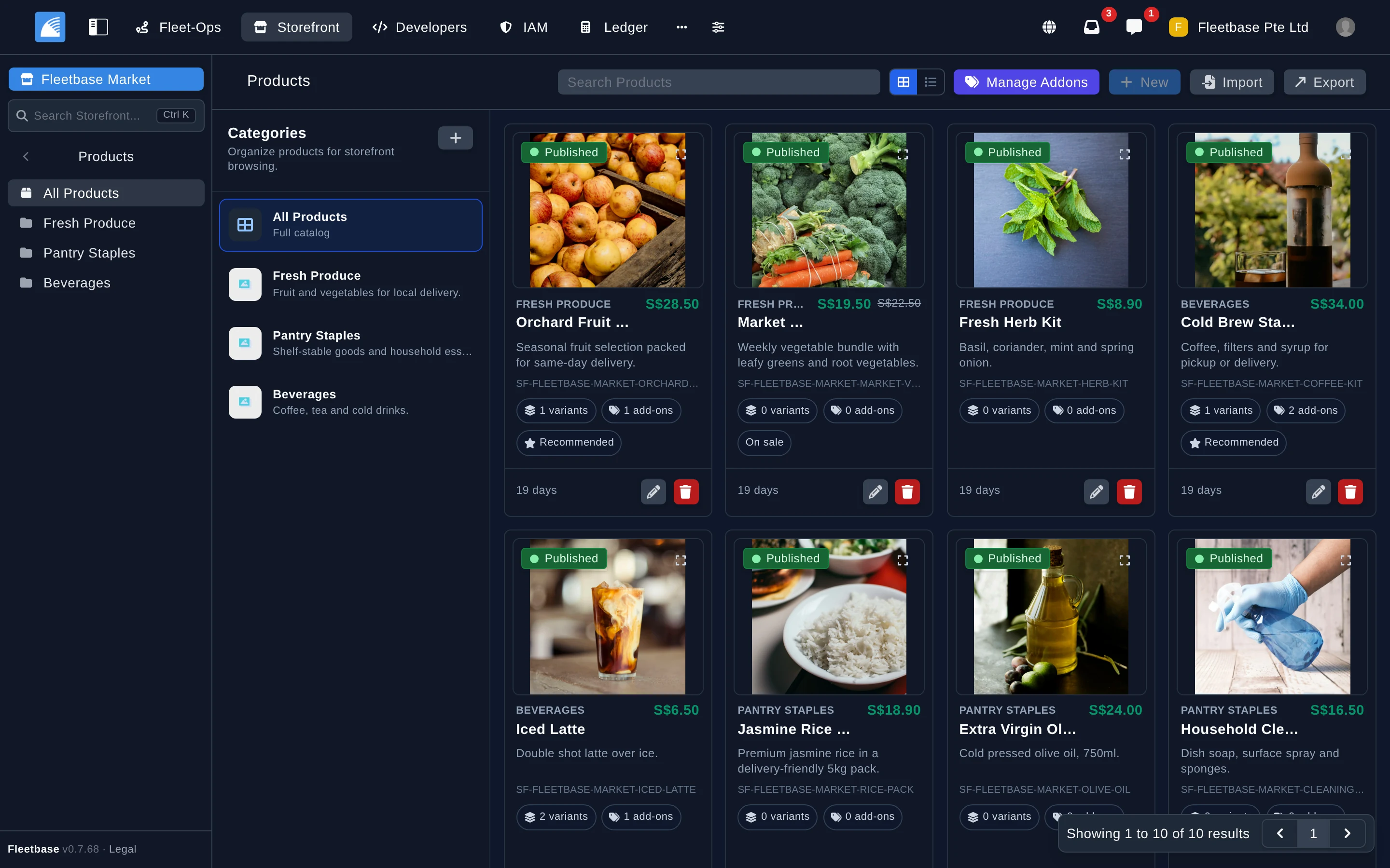 Storefront product catalog and order management interface